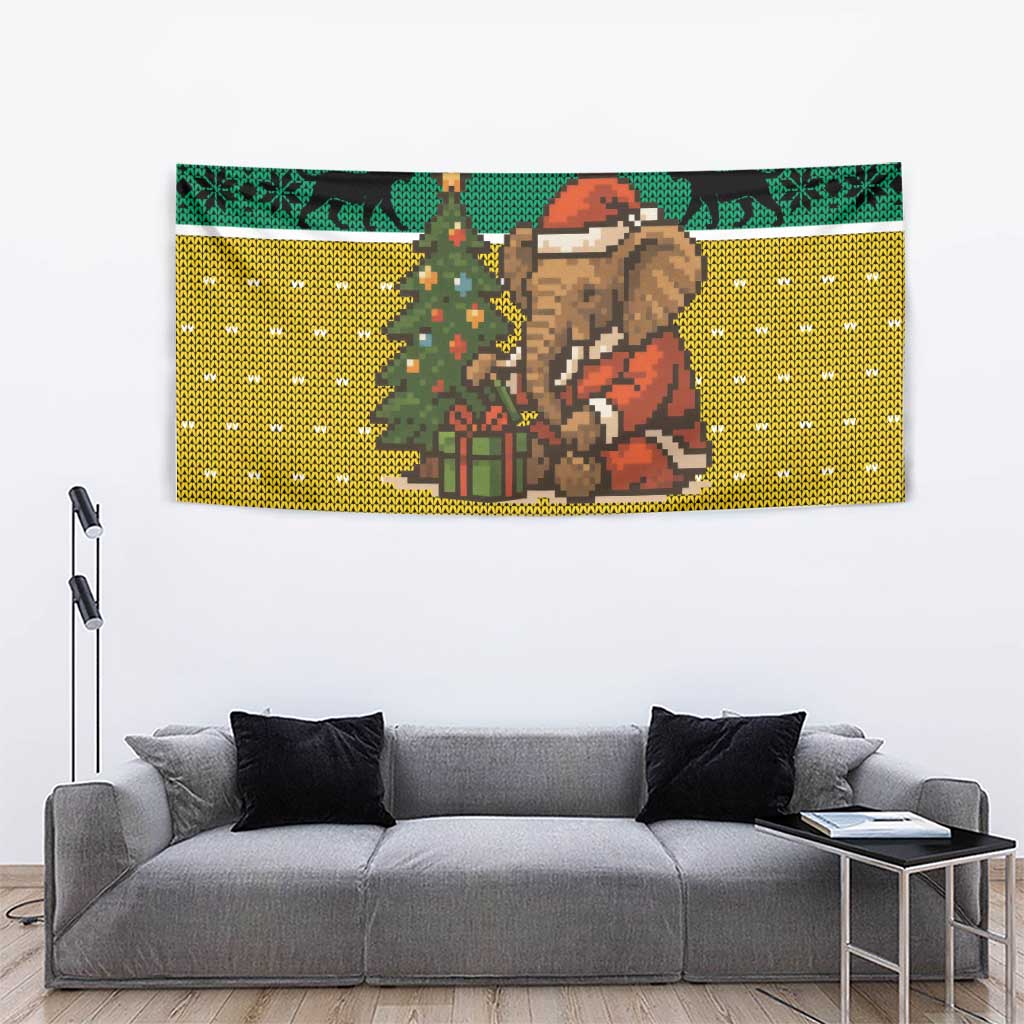 Gabon Christmas Tapestry with Pixel Art Elephant Santa Christmas Tree and Flag Colors Pattern - Wonder Print Shop