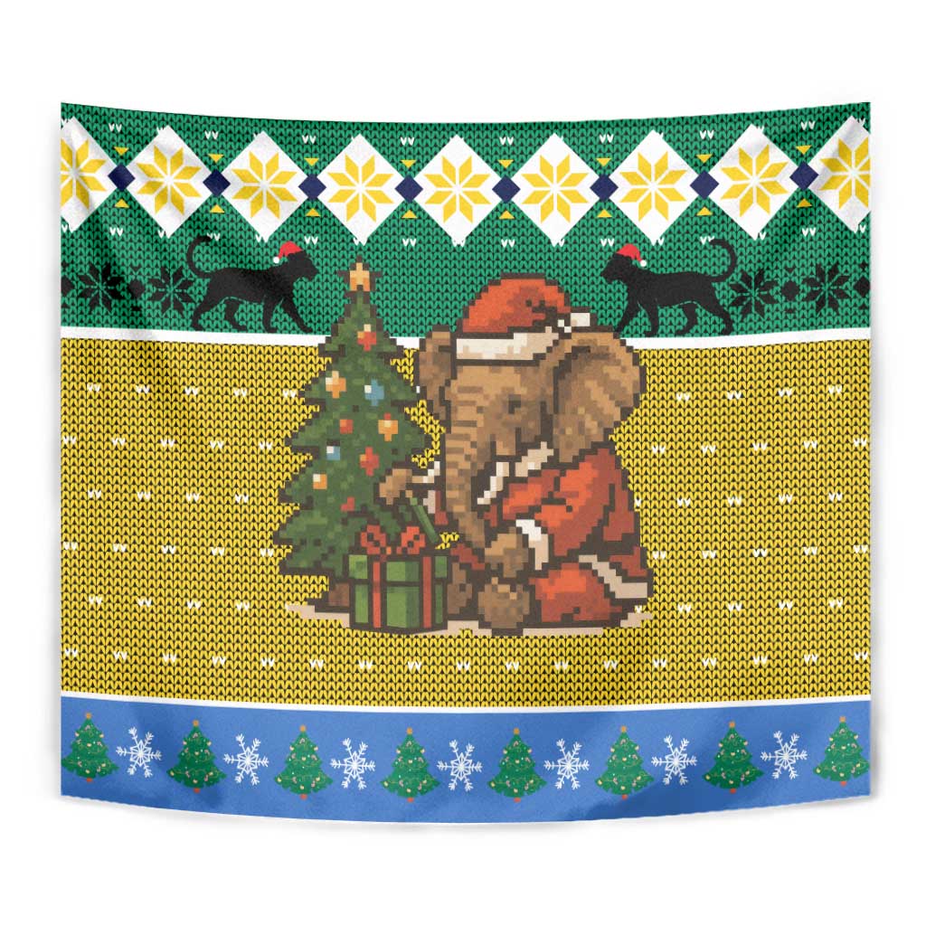 Gabon Christmas Tapestry with Pixel Art Elephant Santa Christmas Tree and Flag Colors Pattern - Wonder Print Shop