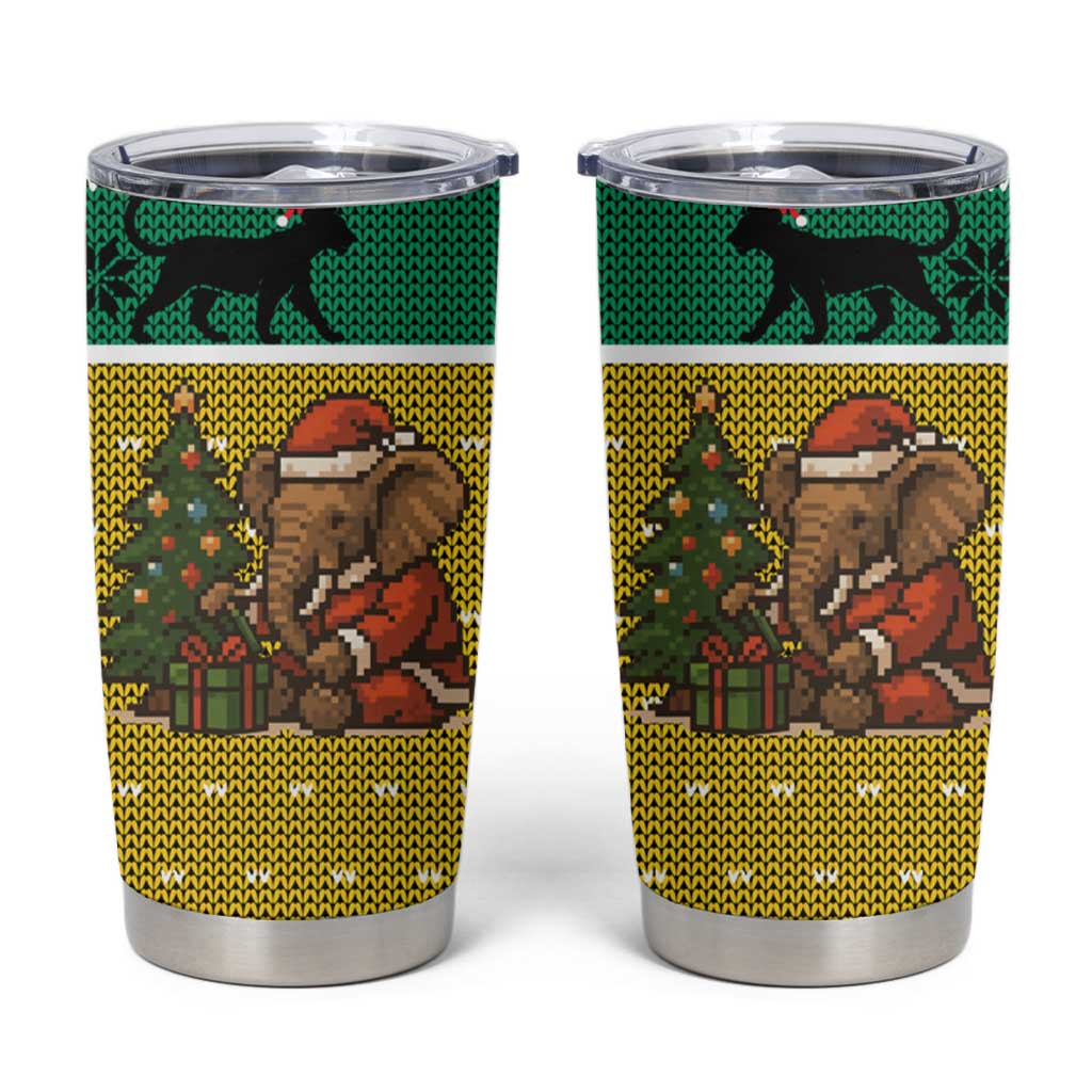 Gabon Christmas Tumbler Cup with Pixel Art Elephant Santa Christmas Tree and Flag Colors Pattern - Wonder Print Shop