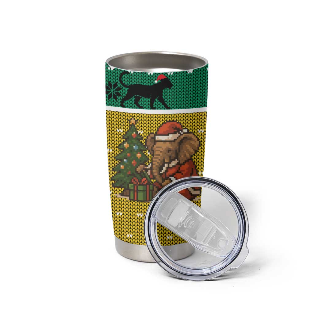 Gabon Christmas Tumbler Cup with Pixel Art Elephant Santa Christmas Tree and Flag Colors Pattern - Wonder Print Shop