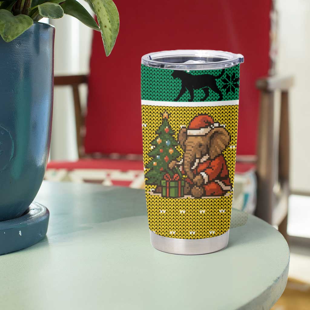 Gabon Christmas Tumbler Cup with Pixel Art Elephant Santa Christmas Tree and Flag Colors Pattern - Wonder Print Shop