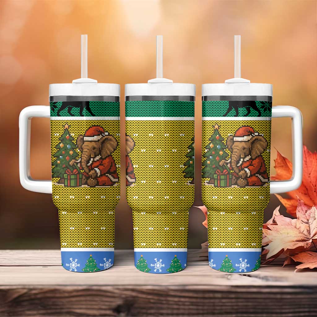 Gabon Christmas Tumbler With Handle with Pixel Art Elephant Santa Christmas Tree and Flag Colors Pattern - Wonder Print Shop
