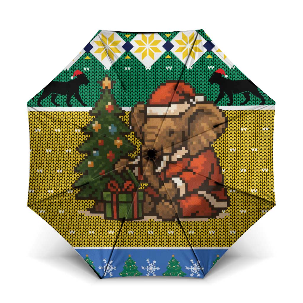 Gabon Christmas Umbrella with Pixel Art Elephant Santa Christmas Tree and Flag Colors Pattern - Wonder Print Shop