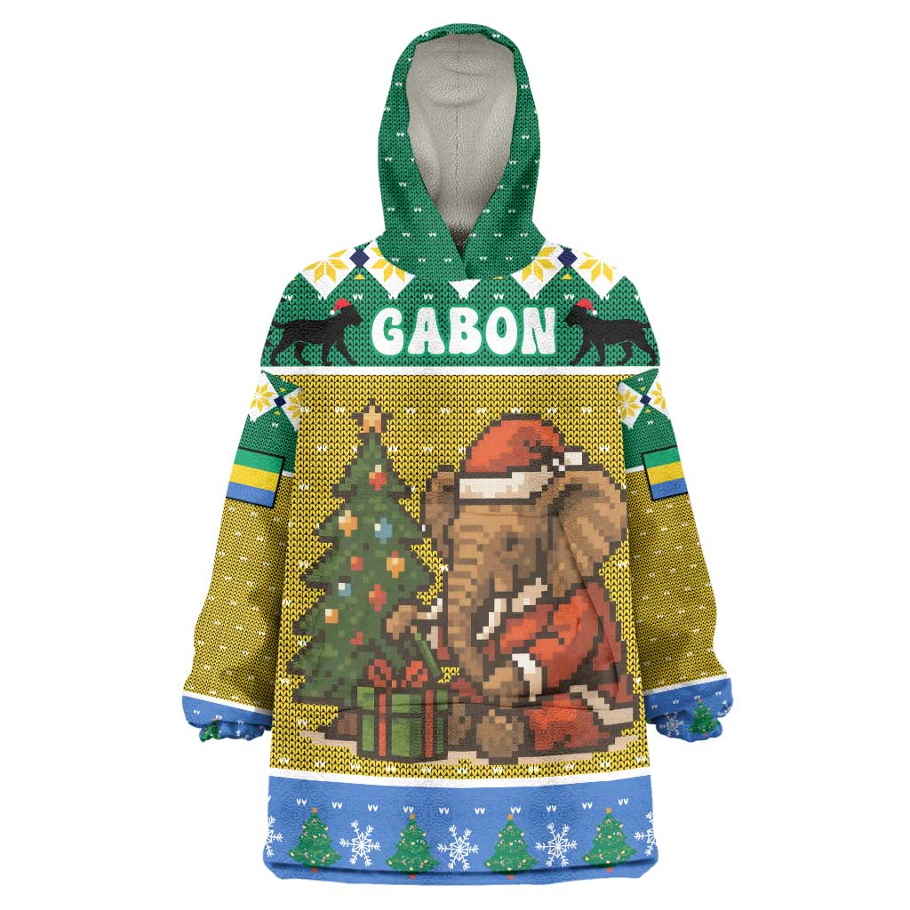 Gabon Christmas Wearable Blanket Hoodie with Pixel Art Elephant Santa Christmas Tree and Flag Colors Pattern - Wonder Print Shop