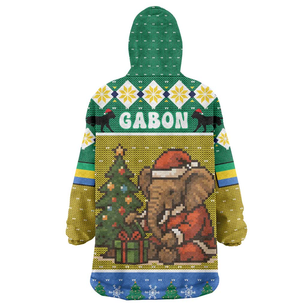 Gabon Christmas Wearable Blanket Hoodie with Pixel Art Elephant Santa Christmas Tree and Flag Colors Pattern - Wonder Print Shop