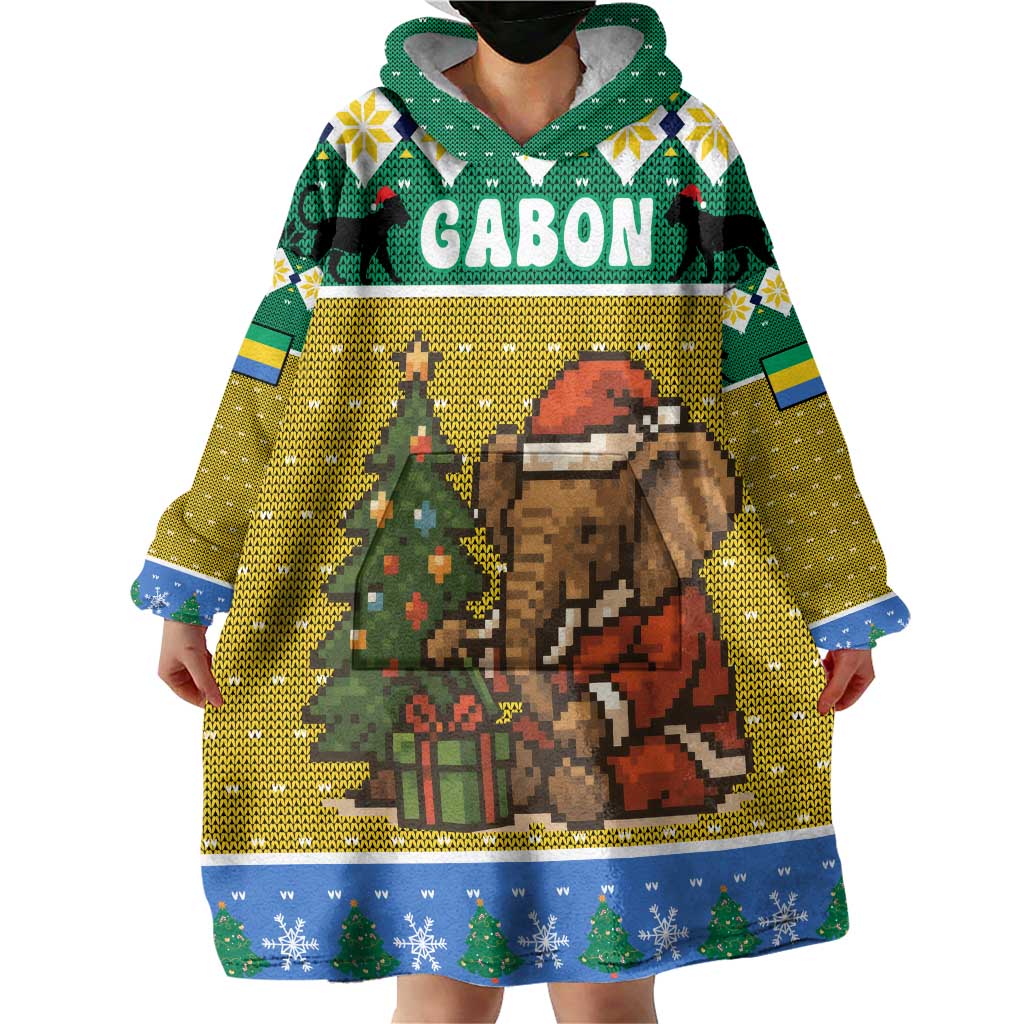 Gabon Christmas Wearable Blanket Hoodie with Pixel Art Elephant Santa Christmas Tree and Flag Colors Pattern - Wonder Print Shop
