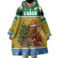 Gabon Christmas Wearable Blanket Hoodie with Pixel Art Elephant Santa Christmas Tree and Flag Colors Pattern - Wonder Print Shop