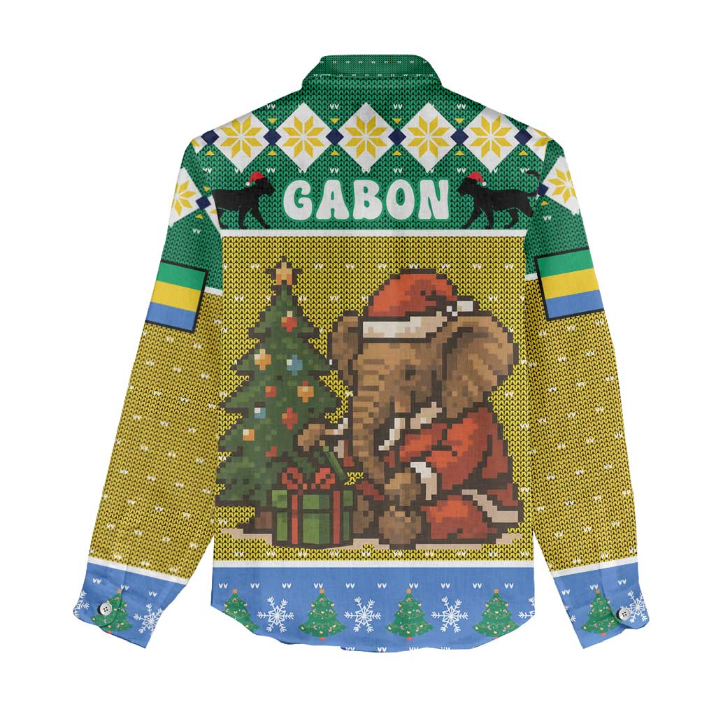 Gabon Christmas Women Casual Shirt with Pixel Art Elephant Santa Christmas Tree and Flag Colors Pattern - Wonder Print Shop