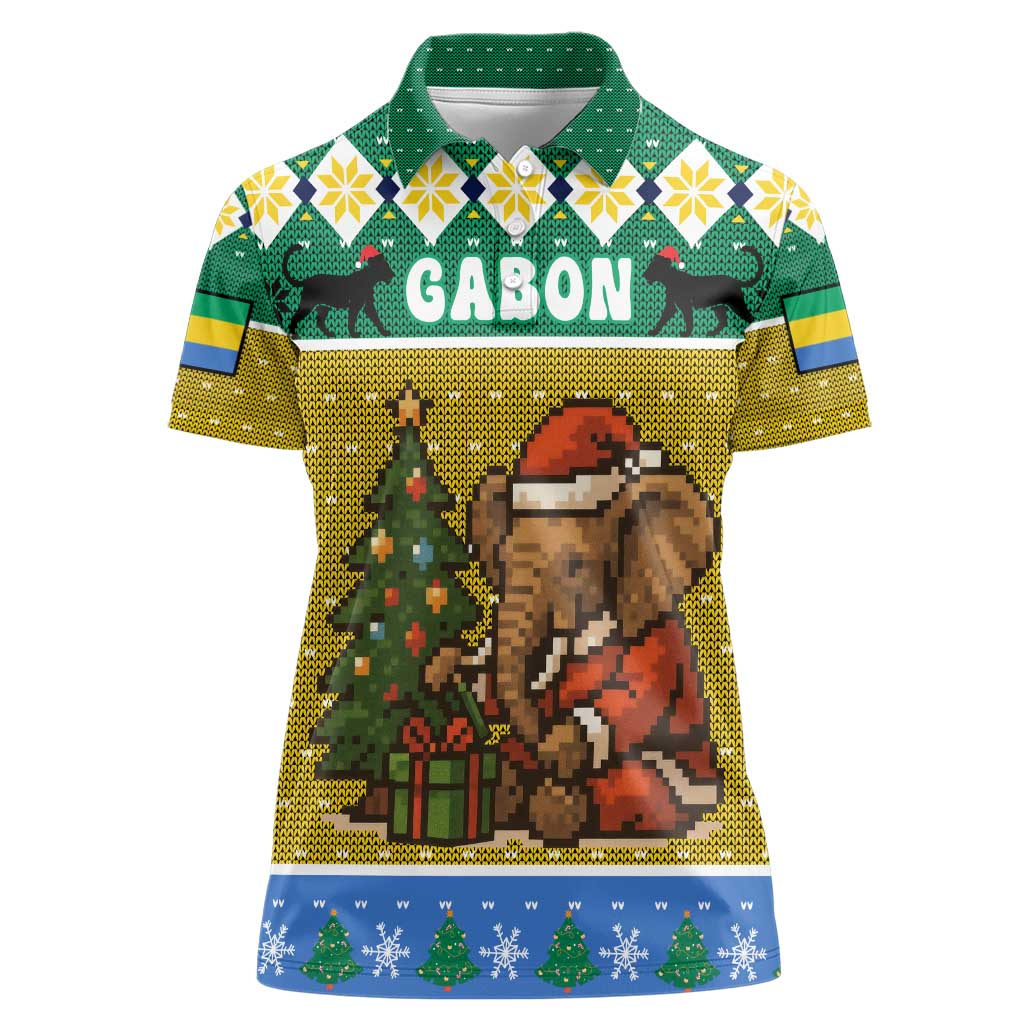 Gabon Christmas Women Polo Shirt with Pixel Art Elephant Santa Christmas Tree and Flag Colors Pattern - Wonder Print Shop