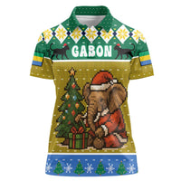 Gabon Christmas Women Polo Shirt with Pixel Art Elephant Santa Christmas Tree and Flag Colors Pattern - Wonder Print Shop