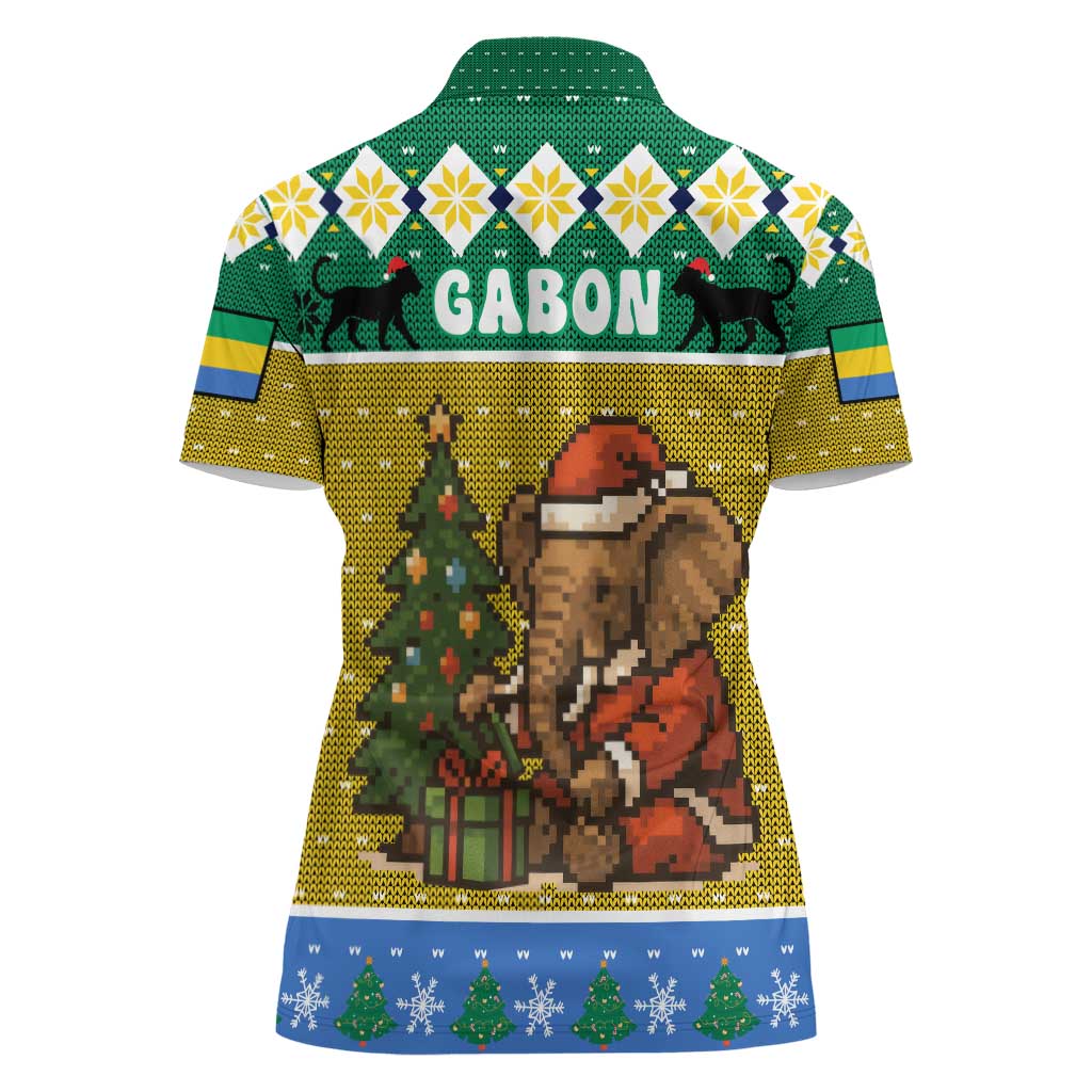 Gabon Christmas Women Polo Shirt with Pixel Art Elephant Santa Christmas Tree and Flag Colors Pattern - Wonder Print Shop