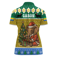 Gabon Christmas Women Polo Shirt with Pixel Art Elephant Santa Christmas Tree and Flag Colors Pattern - Wonder Print Shop