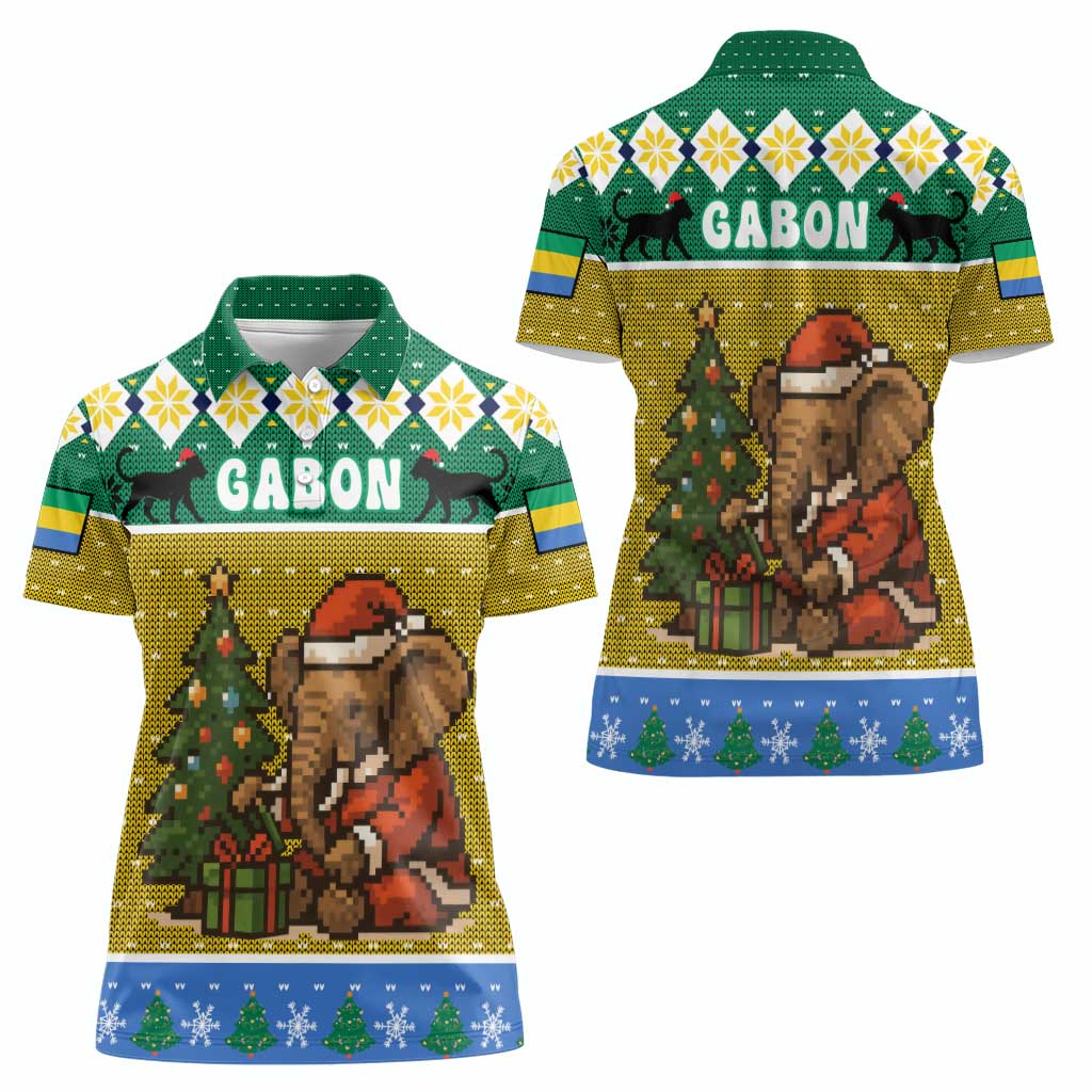 Gabon Christmas Women Polo Shirt with Pixel Art Elephant Santa Christmas Tree and Flag Colors Pattern - Wonder Print Shop