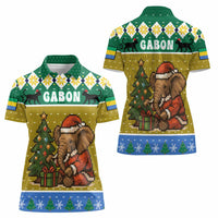 Gabon Christmas Women Polo Shirt with Pixel Art Elephant Santa Christmas Tree and Flag Colors Pattern - Wonder Print Shop