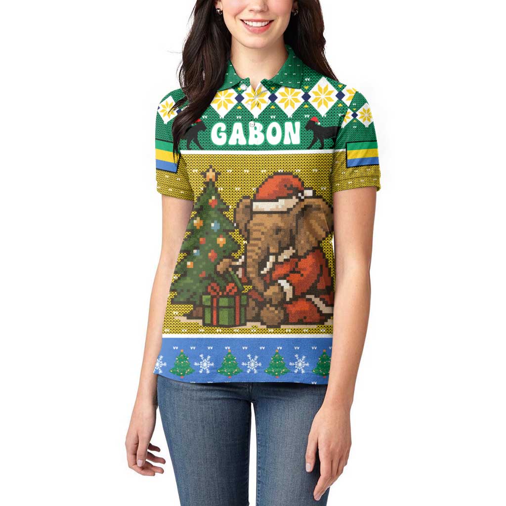 Gabon Christmas Women Polo Shirt with Pixel Art Elephant Santa Christmas Tree and Flag Colors Pattern - Wonder Print Shop