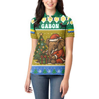 Gabon Christmas Women Polo Shirt with Pixel Art Elephant Santa Christmas Tree and Flag Colors Pattern - Wonder Print Shop