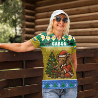 Gabon Christmas Women Polo Shirt with Pixel Art Elephant Santa Christmas Tree and Flag Colors Pattern - Wonder Print Shop
