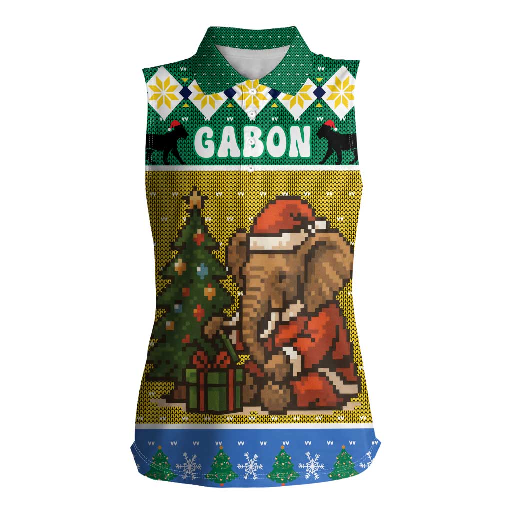 Gabon Christmas Women Sleeveless Polo Shirt with Pixel Art Elephant Santa Christmas Tree and Flag Colors Pattern - Wonder Print Shop