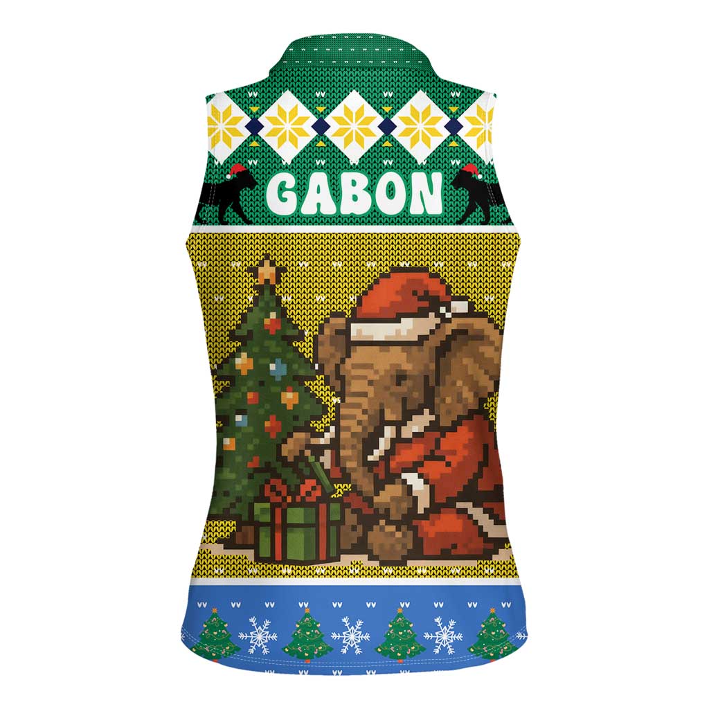 Gabon Christmas Women Sleeveless Polo Shirt with Pixel Art Elephant Santa Christmas Tree and Flag Colors Pattern - Wonder Print Shop