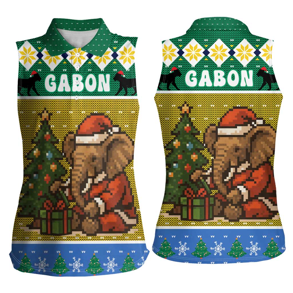 Gabon Christmas Women Sleeveless Polo Shirt with Pixel Art Elephant Santa Christmas Tree and Flag Colors Pattern - Wonder Print Shop