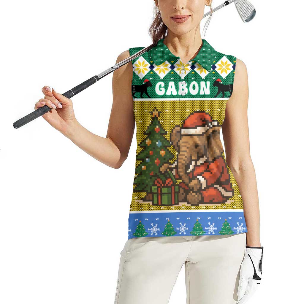 Gabon Christmas Women Sleeveless Polo Shirt with Pixel Art Elephant Santa Christmas Tree and Flag Colors Pattern - Wonder Print Shop