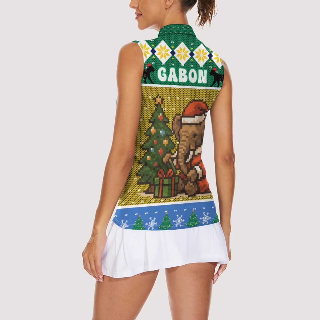 Gabon Christmas Women Sleeveless Polo Shirt with Pixel Art Elephant Santa Christmas Tree and Flag Colors Pattern - Wonder Print Shop