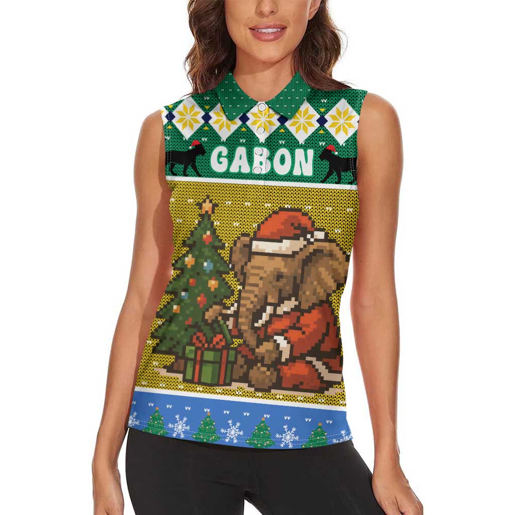 Gabon Christmas Women Sleeveless Polo Shirt with Pixel Art Elephant Santa Christmas Tree and Flag Colors Pattern - Wonder Print Shop