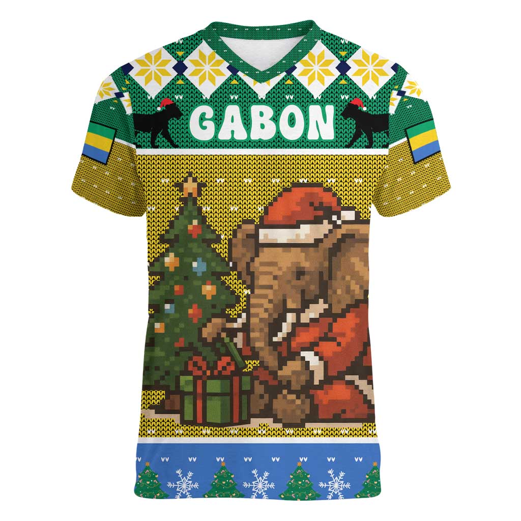 Gabon Christmas Women V-Neck T-Shirt with Pixel Art Elephant Santa Christmas Tree and Flag Colors Pattern - Wonder Print Shop
