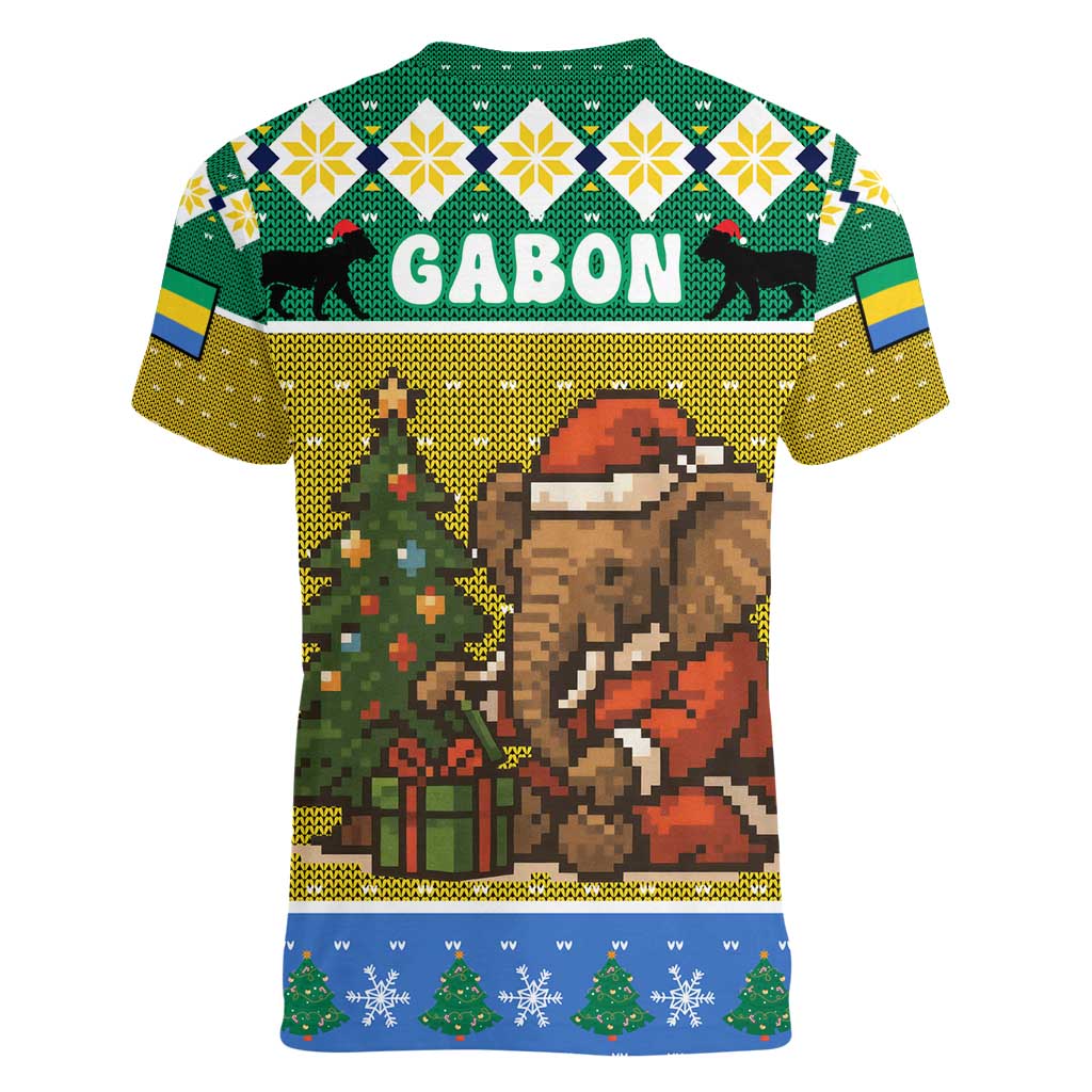 Gabon Christmas Women V-Neck T-Shirt with Pixel Art Elephant Santa Christmas Tree and Flag Colors Pattern - Wonder Print Shop