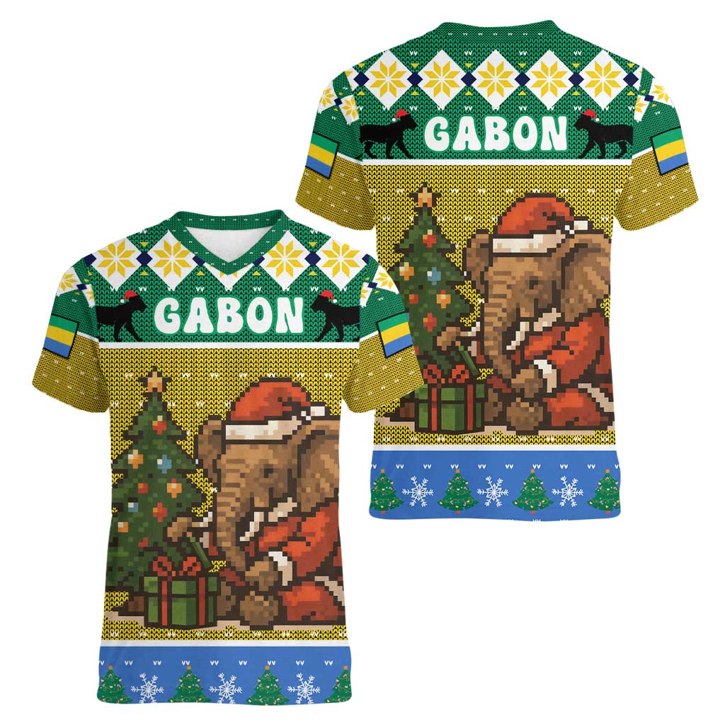 Gabon Christmas Women V-Neck T-Shirt with Pixel Art Elephant Santa Christmas Tree and Flag Colors Pattern - Wonder Print Shop