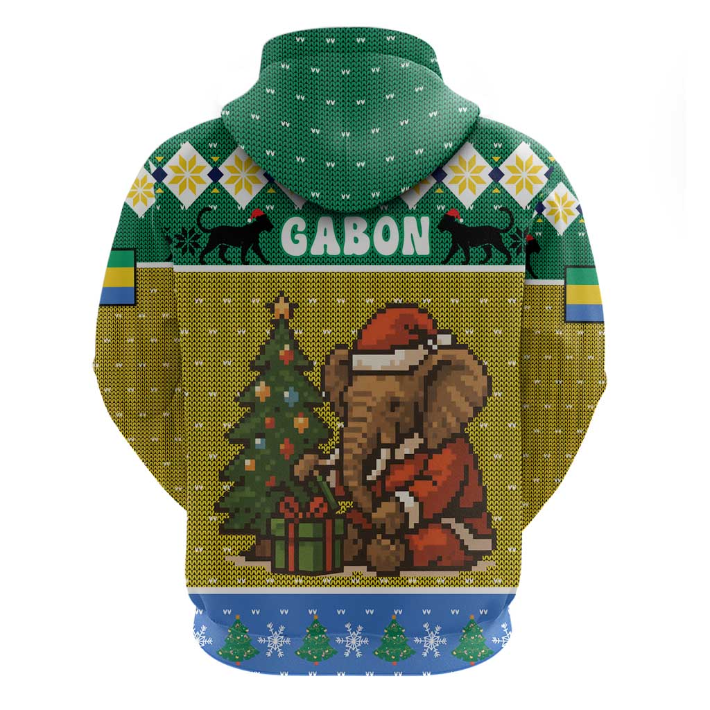 Gabon Christmas Zip Hoodie with Pixel Art Elephant Santa Christmas Tree and Flag Colors Pattern - Wonder Print Shop