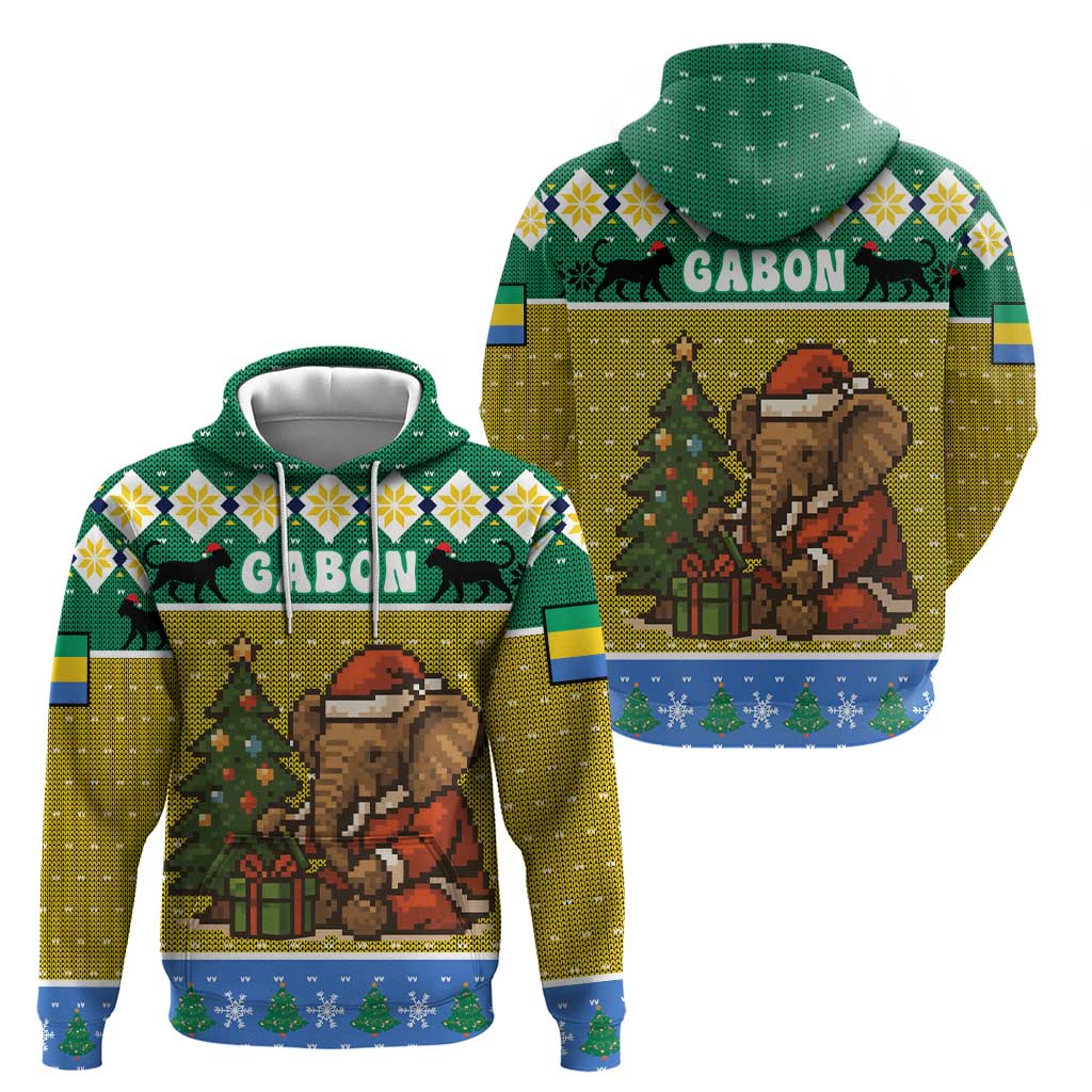 Gabon Christmas Zip Hoodie with Pixel Art Elephant Santa Christmas Tree and Flag Colors Pattern - Wonder Print Shop