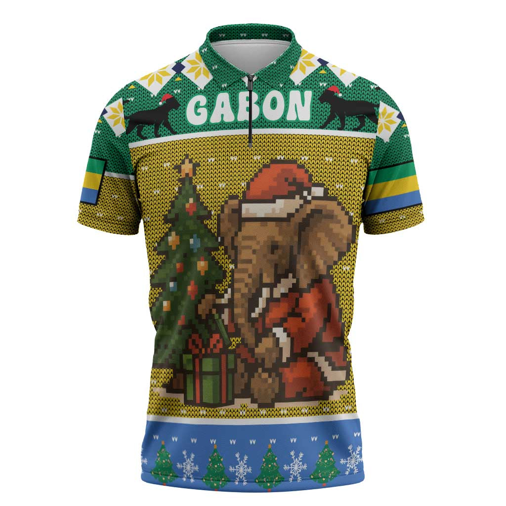 Gabon Christmas Zipper Polo Shirt with Pixel Art Elephant Santa Christmas Tree and Flag Colors Pattern - Wonder Print Shop