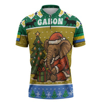 Gabon Christmas Zipper Polo Shirt with Pixel Art Elephant Santa Christmas Tree and Flag Colors Pattern - Wonder Print Shop