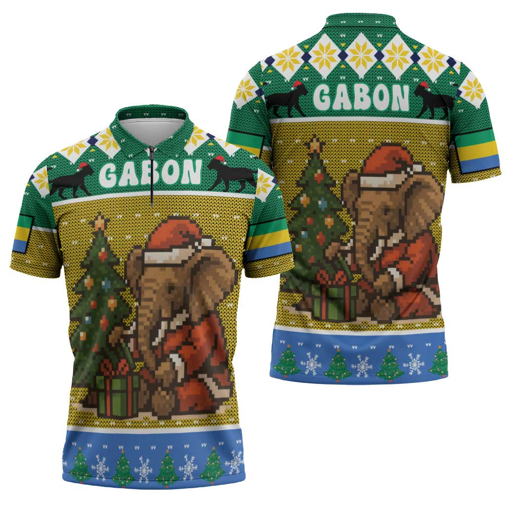 Gabon Christmas Zipper Polo Shirt with Pixel Art Elephant Santa Christmas Tree and Flag Colors Pattern - Wonder Print Shop