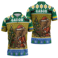 Gabon Christmas Zipper Polo Shirt with Pixel Art Elephant Santa Christmas Tree and Flag Colors Pattern - Wonder Print Shop