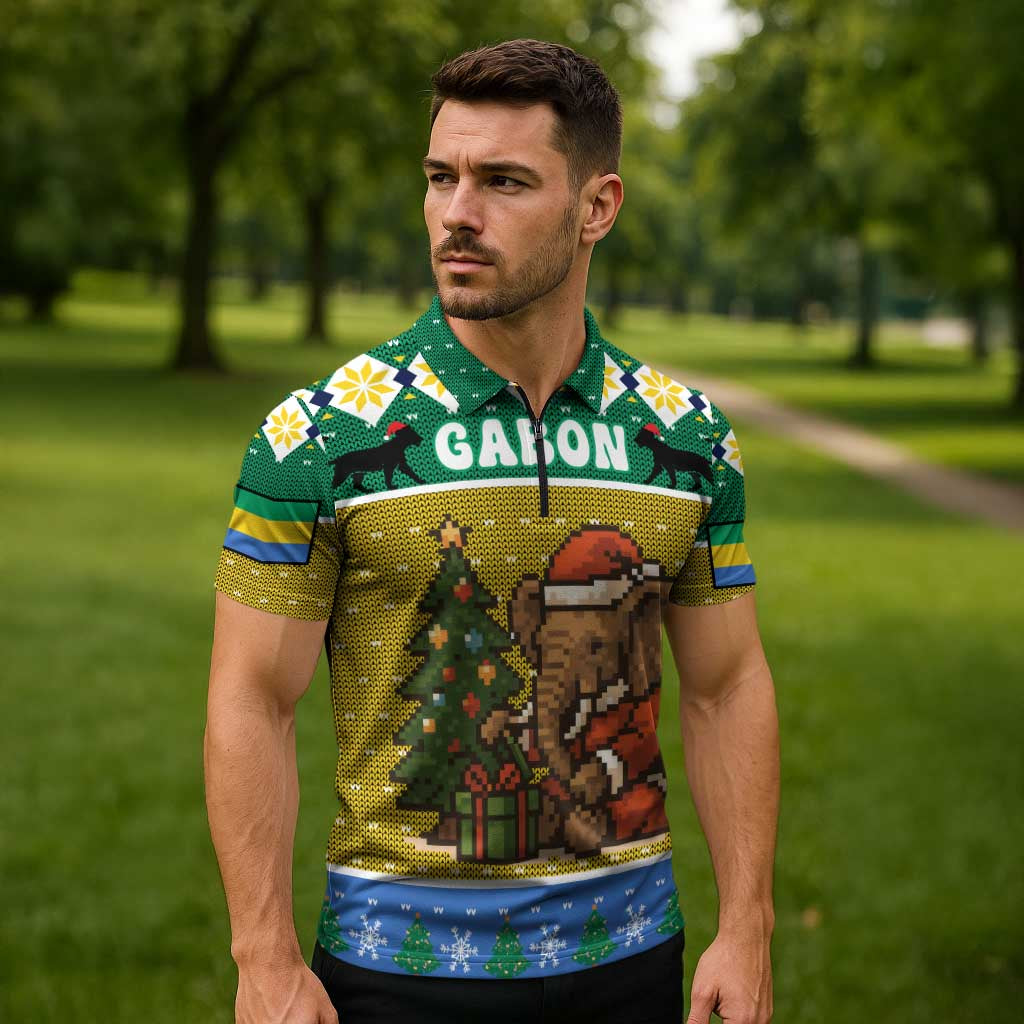 Gabon Christmas Zipper Polo Shirt with Pixel Art Elephant Santa Christmas Tree and Flag Colors Pattern - Wonder Print Shop