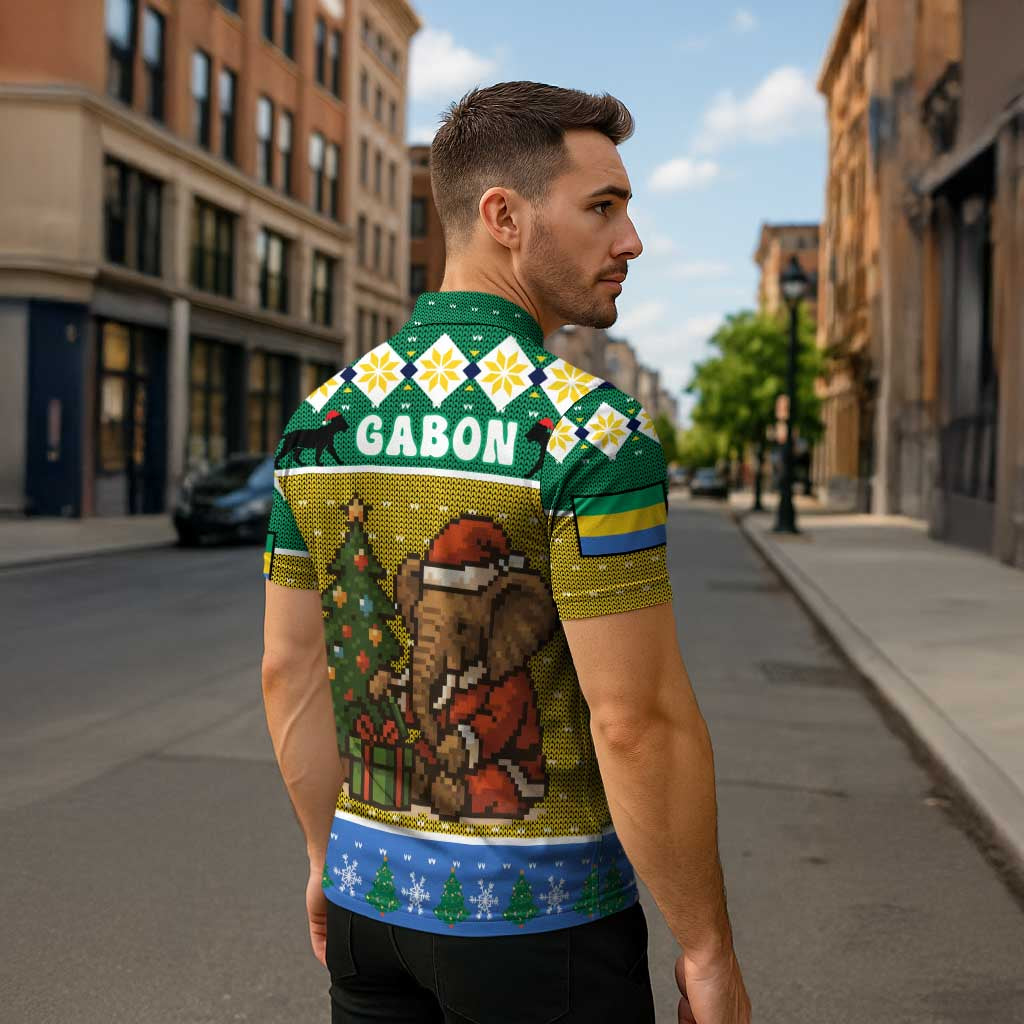 Gabon Christmas Zipper Polo Shirt with Pixel Art Elephant Santa Christmas Tree and Flag Colors Pattern - Wonder Print Shop