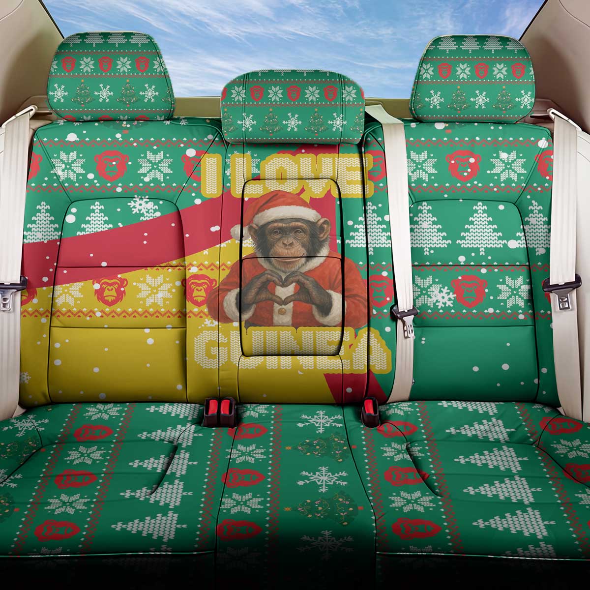 Guinea Christmas Back Car Seat Cover with Santa Chimpanzee Heart Hands and Green Red Snowflake Pattern - Wonder Print Shop