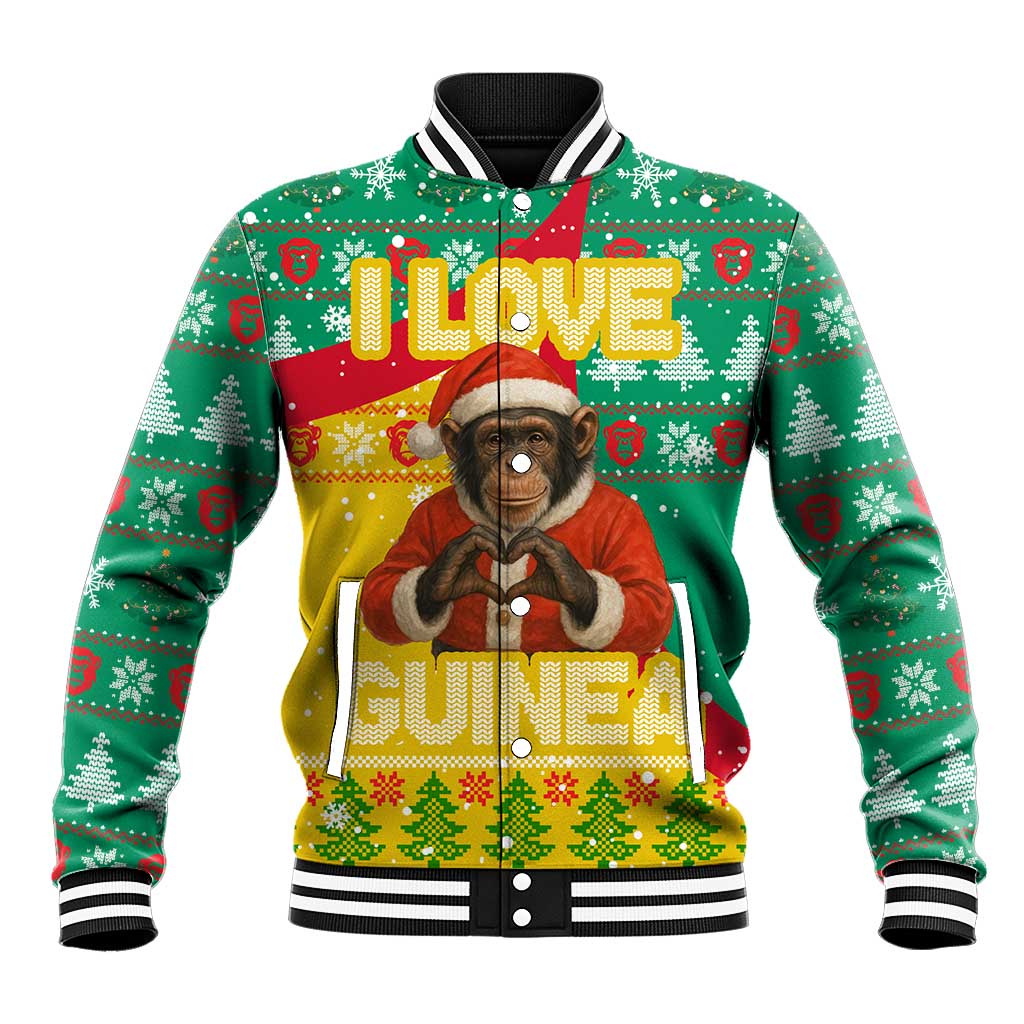 Guinea Christmas Baseball Jacket with Santa Chimpanzee Heart Hands and Green Red Snowflake Pattern - Wonder Print Shop