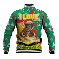 Guinea Christmas Baseball Jacket with Santa Chimpanzee Heart Hands and Green Red Snowflake Pattern - Wonder Print Shop