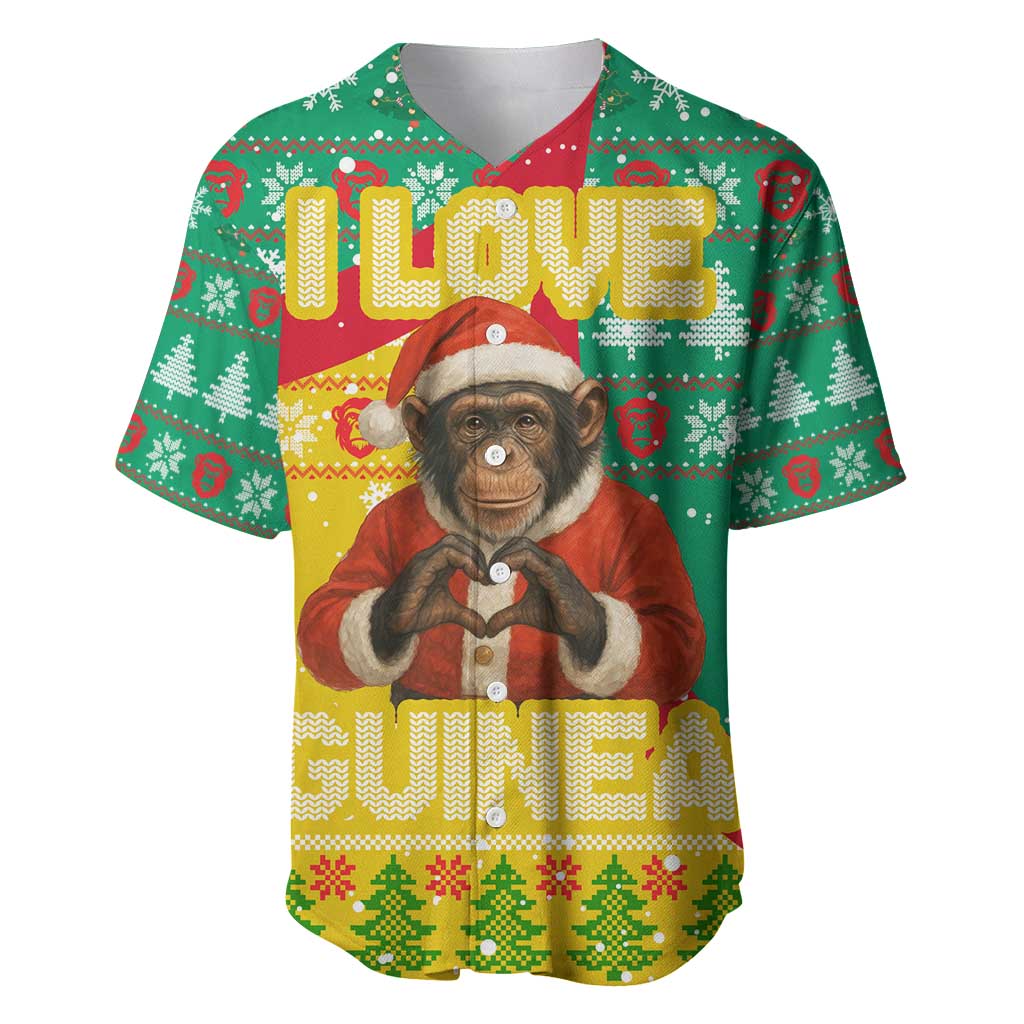 Guinea Christmas Baseball Jersey with Santa Chimpanzee Heart Hands and Green Red Snowflake Pattern - Wonder Print Shop