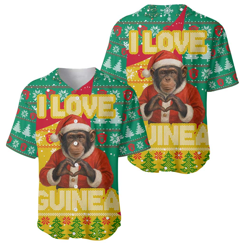 Guinea Christmas Baseball Jersey with Santa Chimpanzee Heart Hands and Green Red Snowflake Pattern - Wonder Print Shop