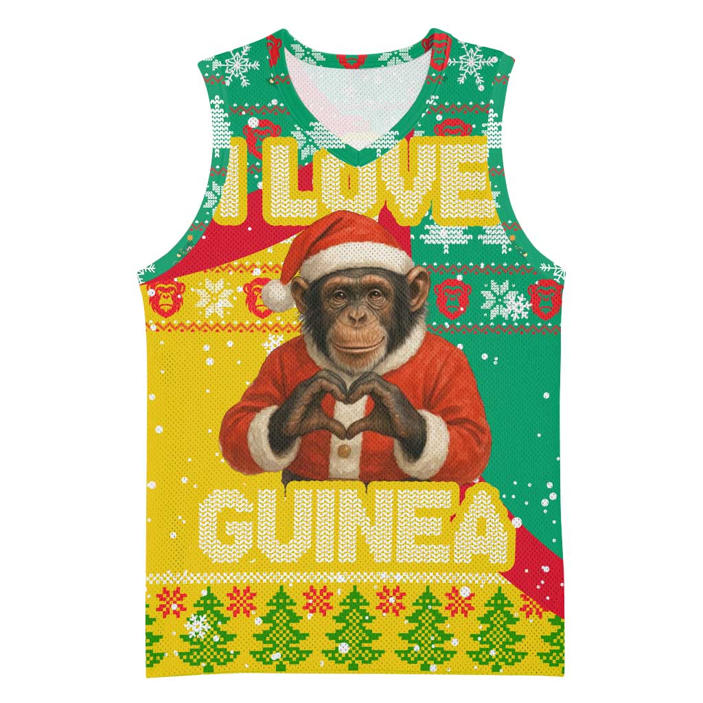 Guinea Christmas Basketball Jersey with Santa Chimpanzee Heart Hands and Green Red Snowflake Pattern - Wonder Print Shop