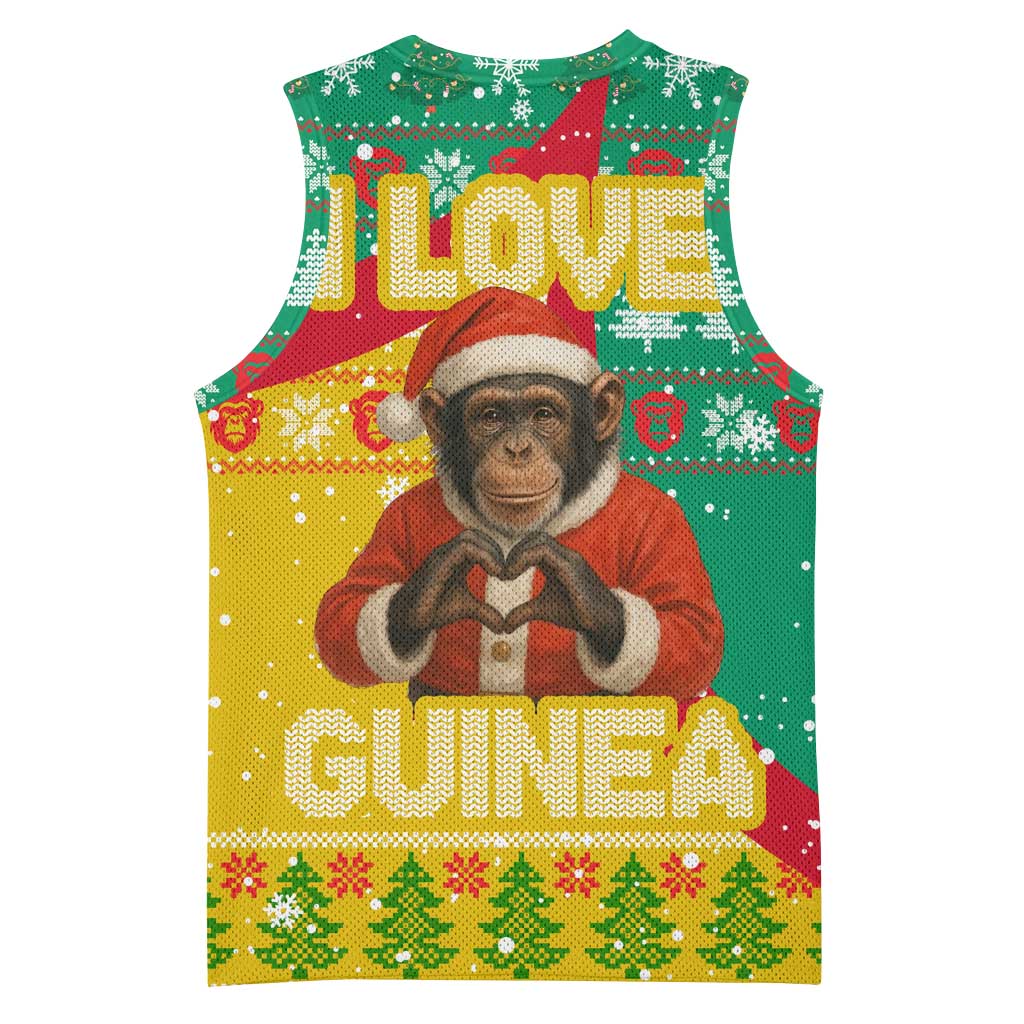 Guinea Christmas Basketball Jersey with Santa Chimpanzee Heart Hands and Green Red Snowflake Pattern - Wonder Print Shop