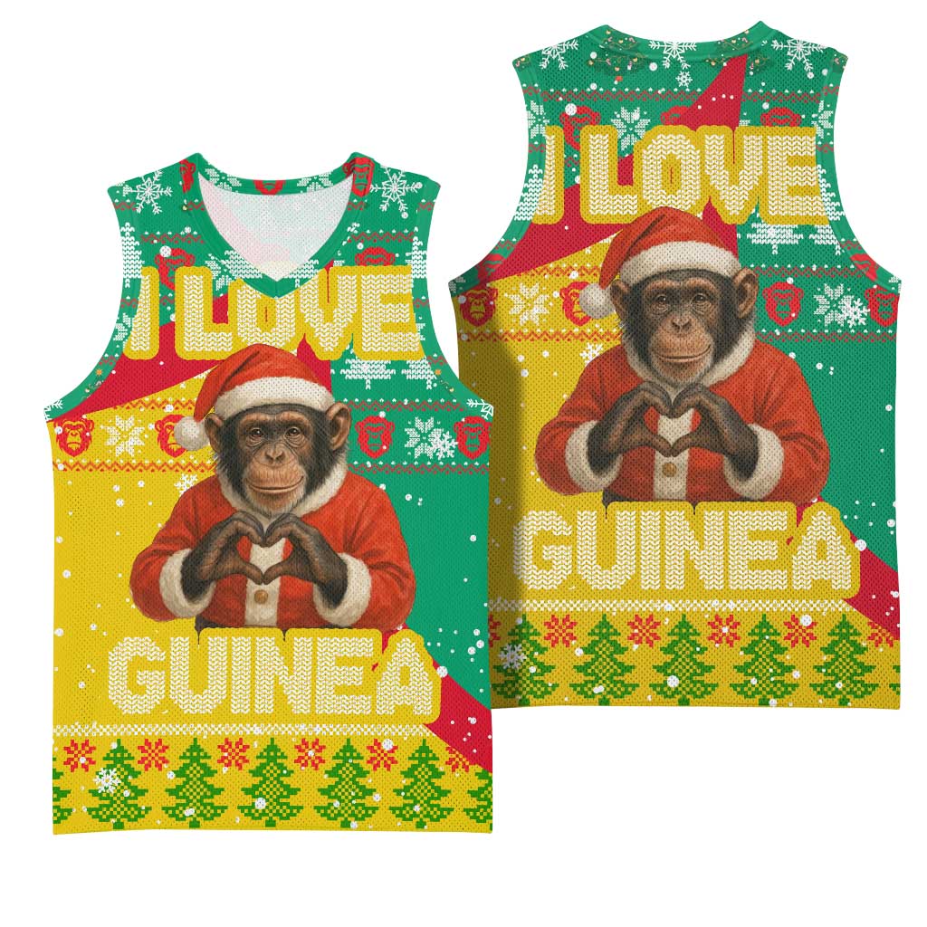 Guinea Christmas Basketball Jersey with Santa Chimpanzee Heart Hands and Green Red Snowflake Pattern - Wonder Print Shop