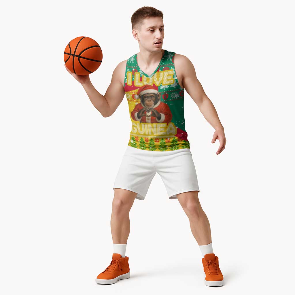 Guinea Christmas Basketball Jersey with Santa Chimpanzee Heart Hands and Green Red Snowflake Pattern - Wonder Print Shop