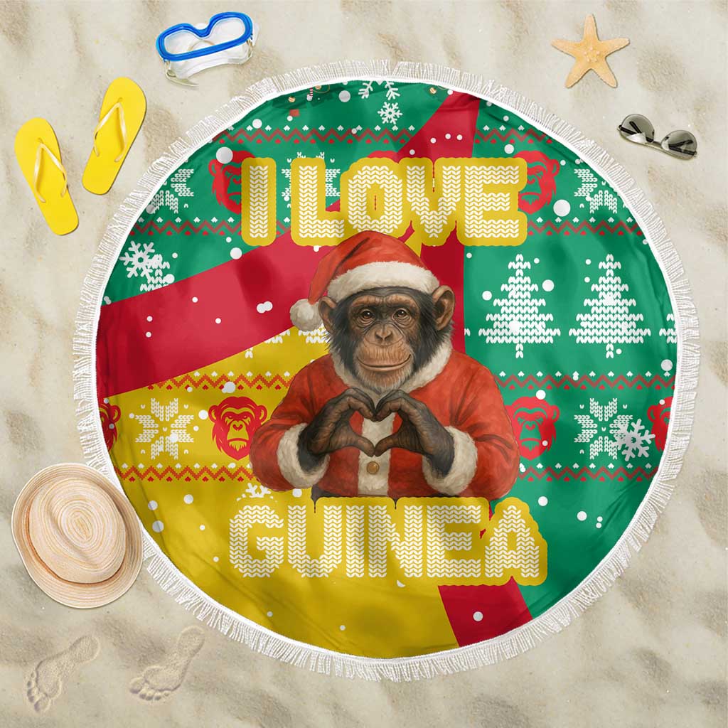 Guinea Christmas Beach Blanket with Santa Chimpanzee Heart Hands and Green Red Snowflake Pattern - Wonder Print Shop