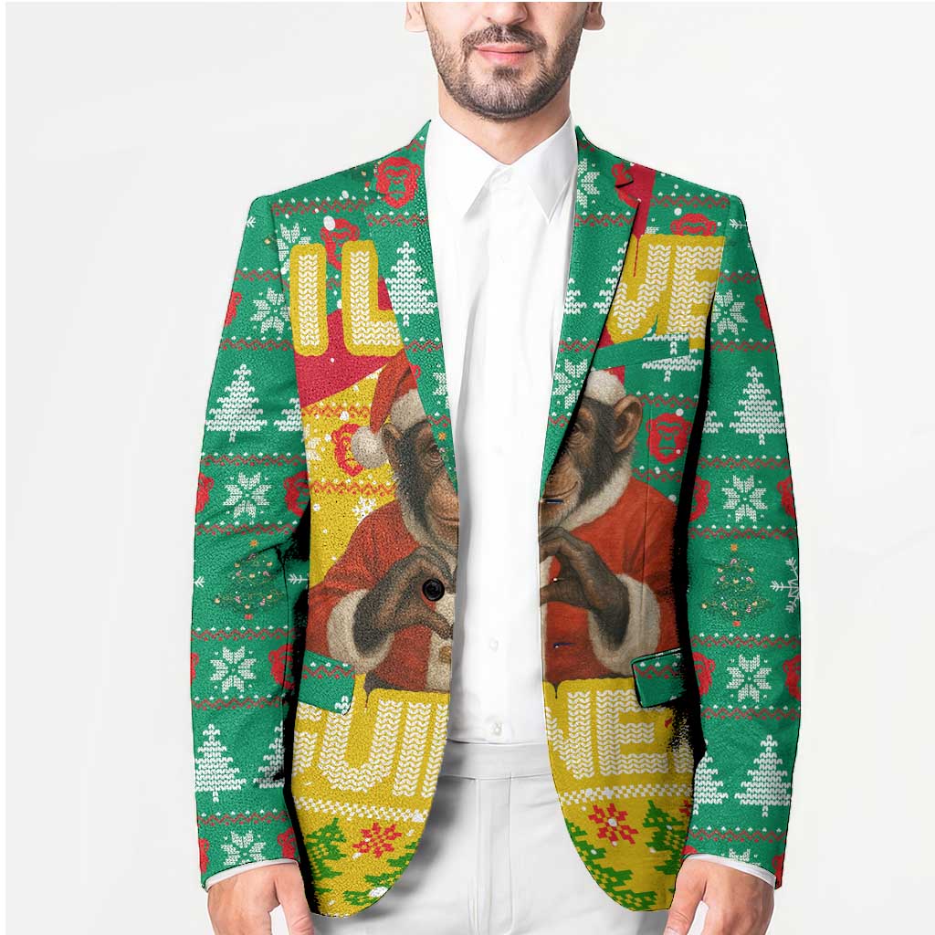 Guinea Christmas Blazer with Santa Chimpanzee Heart Hands and Green Red Snowflake Pattern - Wonder Print Shop