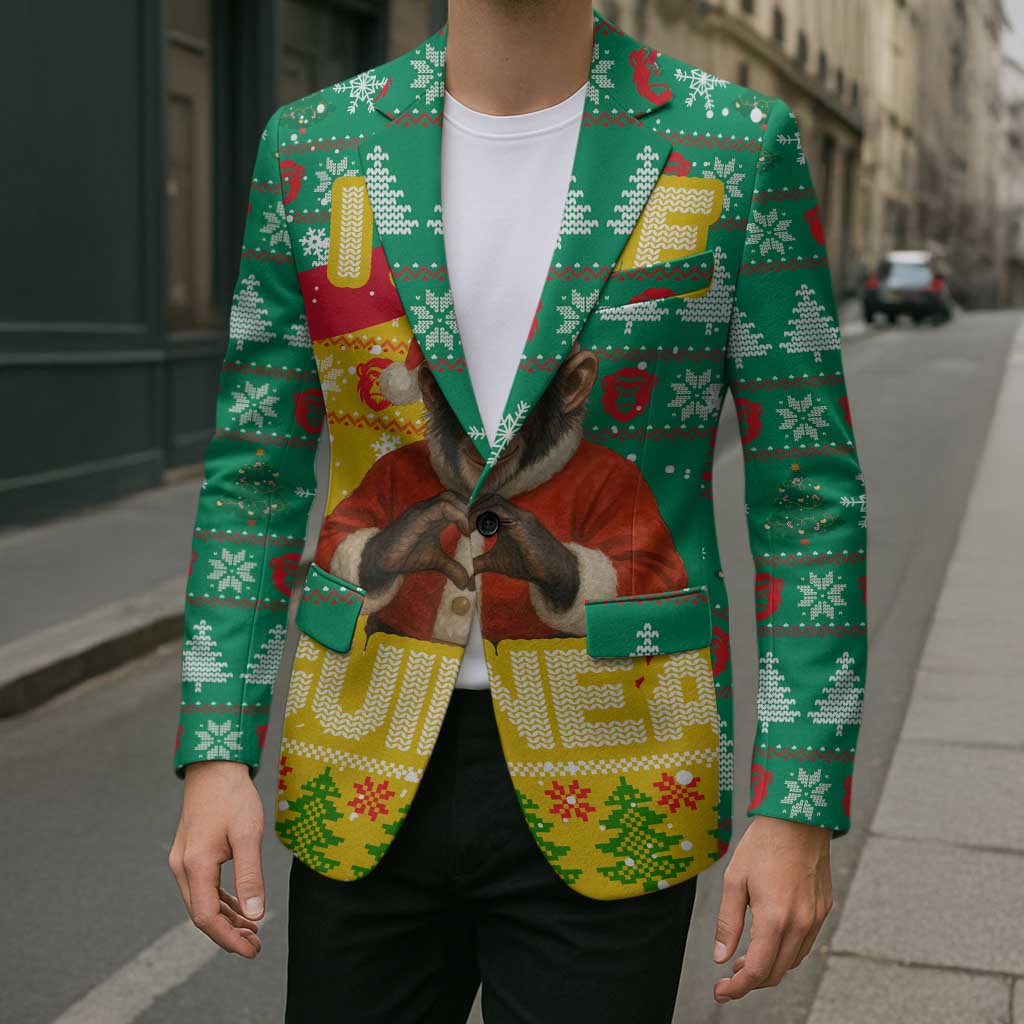 Guinea Christmas Blazer with Santa Chimpanzee Heart Hands and Green Red Snowflake Pattern - Wonder Print Shop